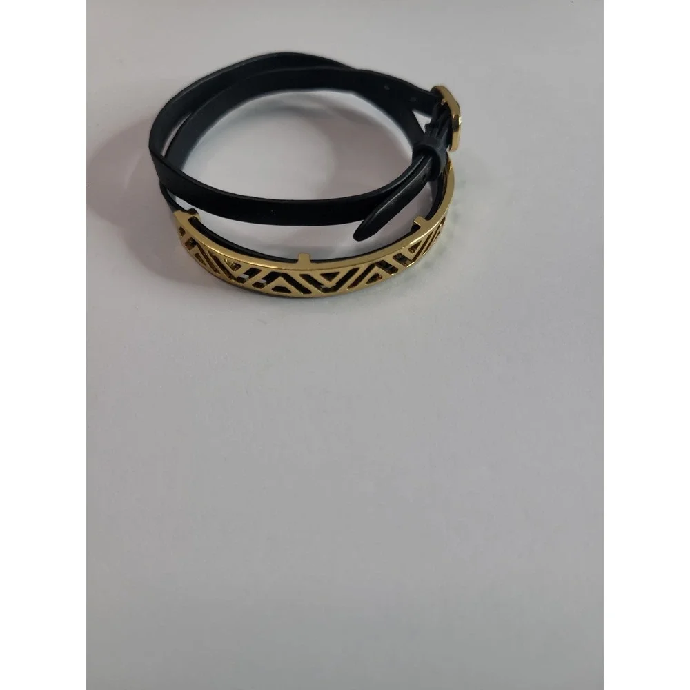 Black Faux Leather Wrap Bracelet Gold Tone Geometric Bar and Crescent Charm